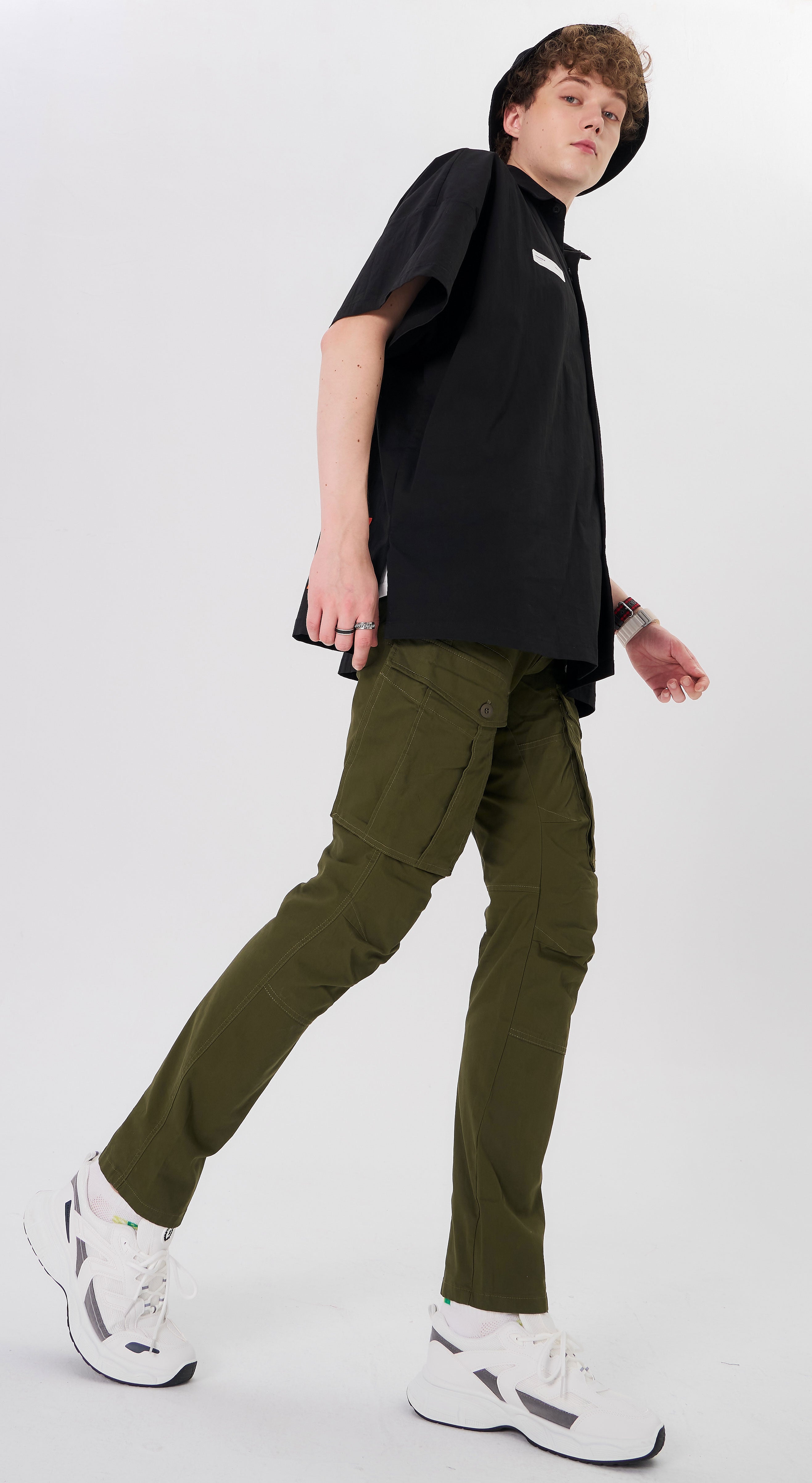 Plaid&Plain Men's Olive Slim Fit Cargo Pants | Tactical Utility with Articulated Knees | Outdoor Hiking & Workwear