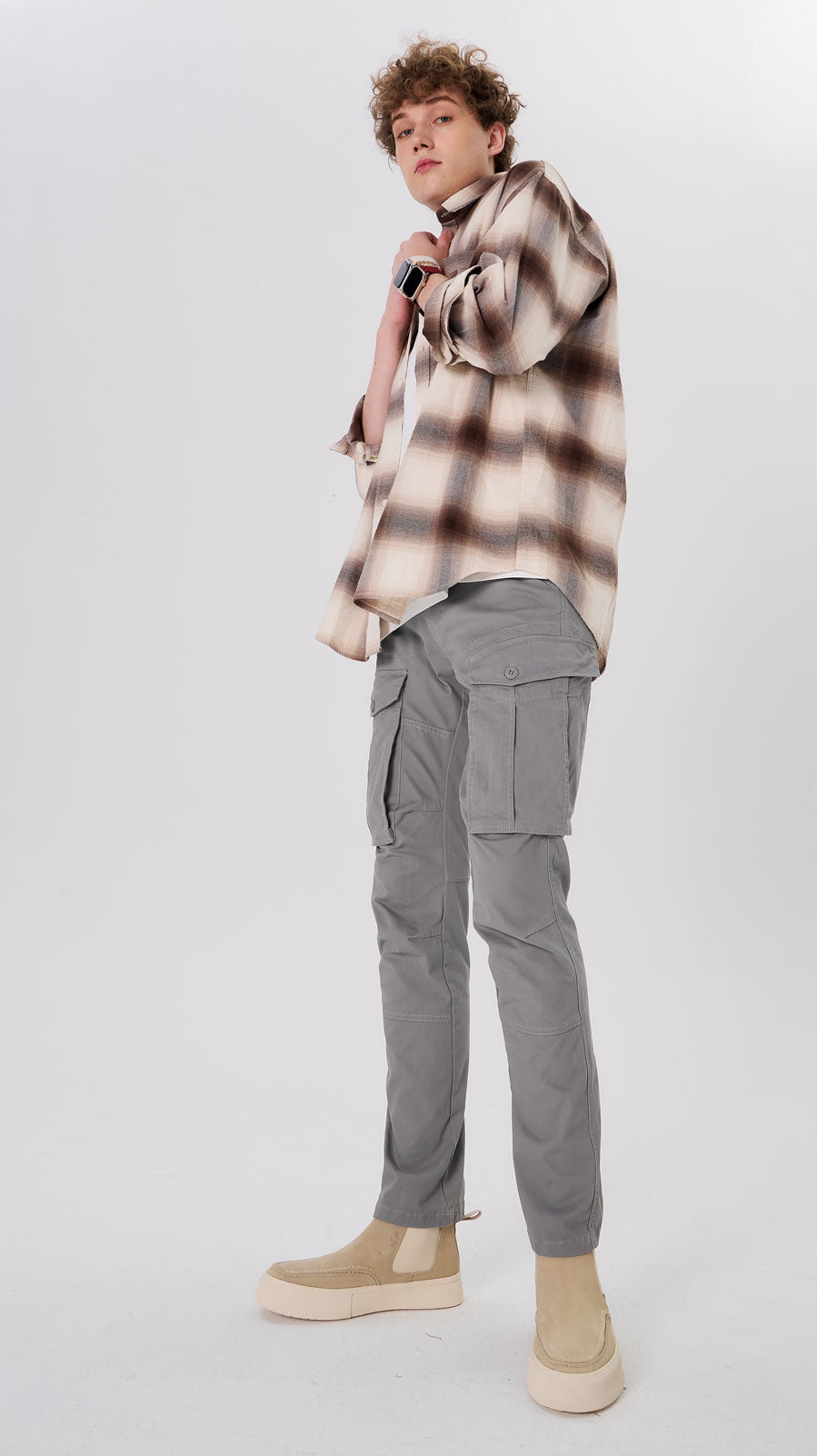 Plaid&Plain Men's Iron Grey Slim Fit Cargo Pants | Tactical Utility with Articulated Knees | Outdoor Hiking & Workwear