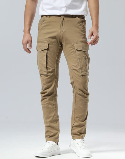 Plaid&Plain Men's Dark Pebble Khaki Slim Fit Cargo Pants | Tactical Utility with Articulated Knees | Outdoor Hiking & Workwear