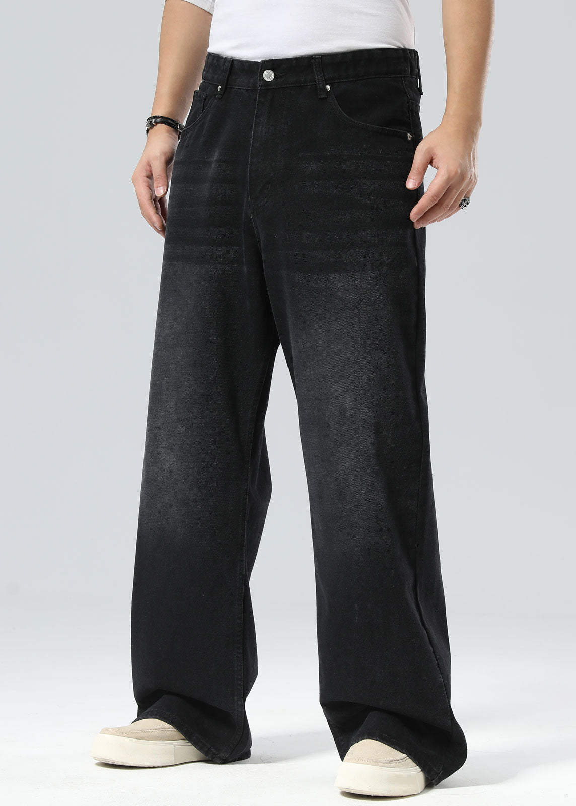 Plaid&Plain Men's Washed Black Baggy Jeans |  Wide Leg Denim Pants for Hip Hop & Skateboarding