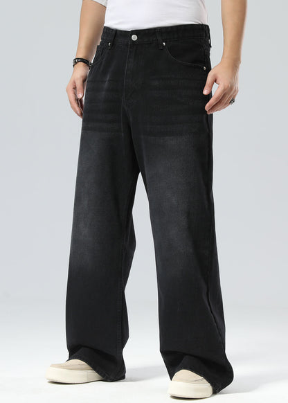 Plaid&Plain Men's Washed Black Baggy Jeans |  Wide Leg Denim Pants for Hip Hop & Skateboarding