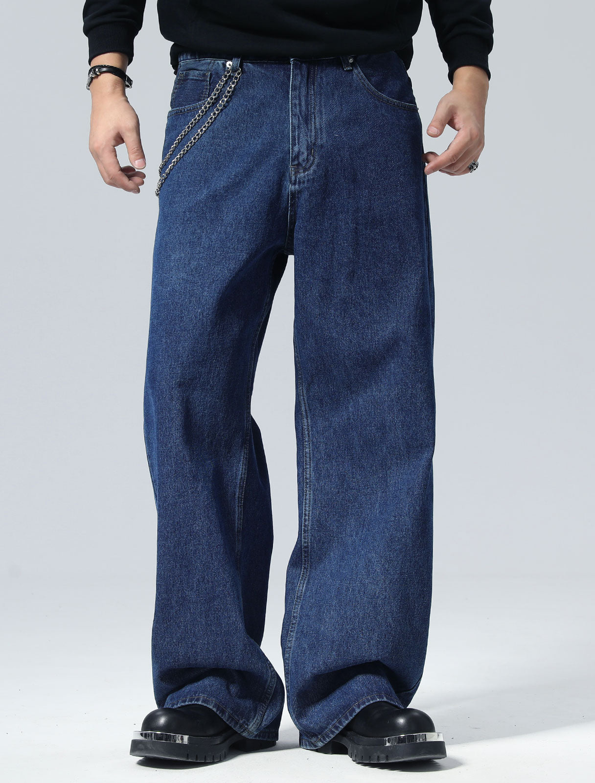 Plaid&Plain Men's Dark Stone Baggy Jeans |  Wide Leg Denim Pants for Hip Hop & Skateboarding