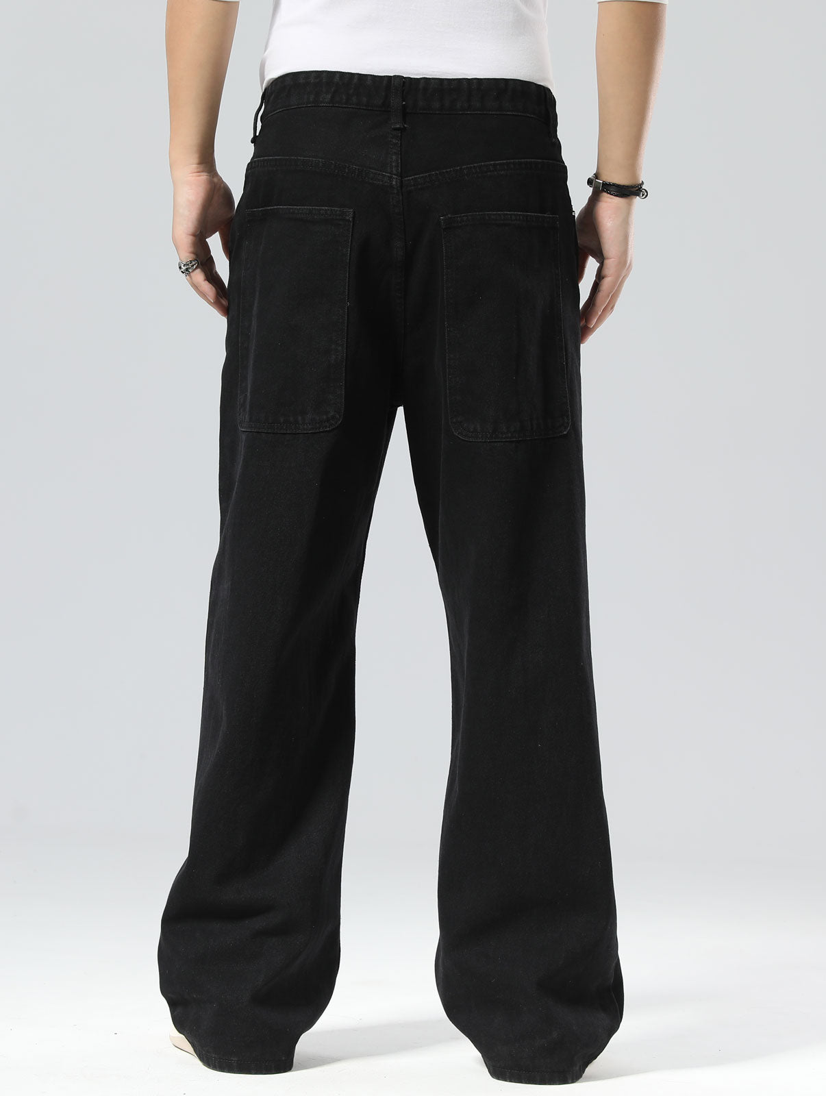 Plaid&Plain Men's Black Baggy Jeans |  Wide Leg Denim Pants for Hip Hop & Skateboarding