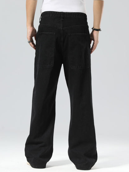 Plaid&Plain Men's Black Baggy Jeans |  Wide Leg Denim Pants for Hip Hop & Skateboarding