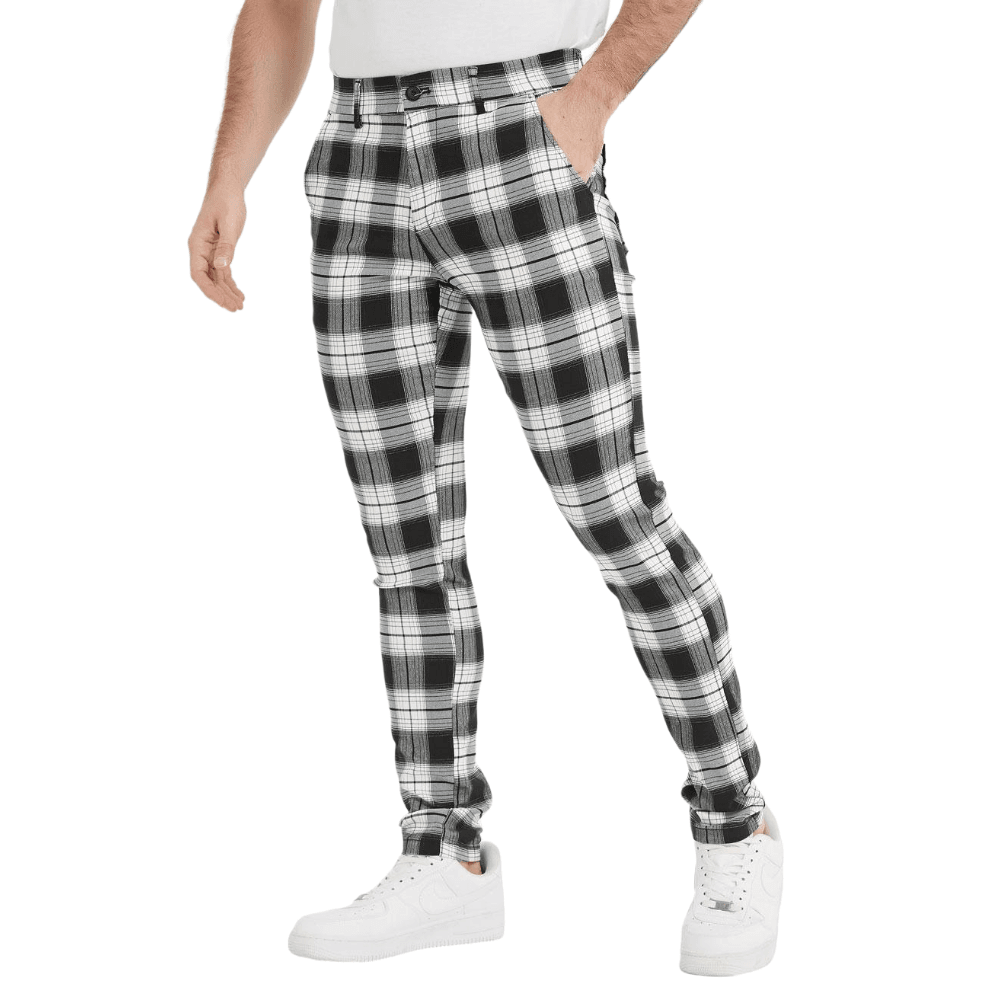 Plaid&Plain Classic Grey Plaid Skinny Men's Chinos | Slacks Tapered Trousers - 