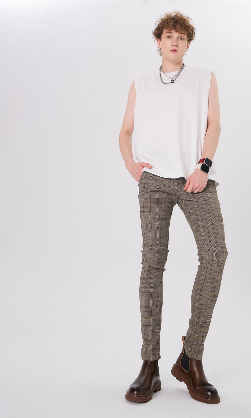 Plaid&Plain Men's Plaid Skinny Stretchy Khaki Chinos | Slacks Tapered Trousers