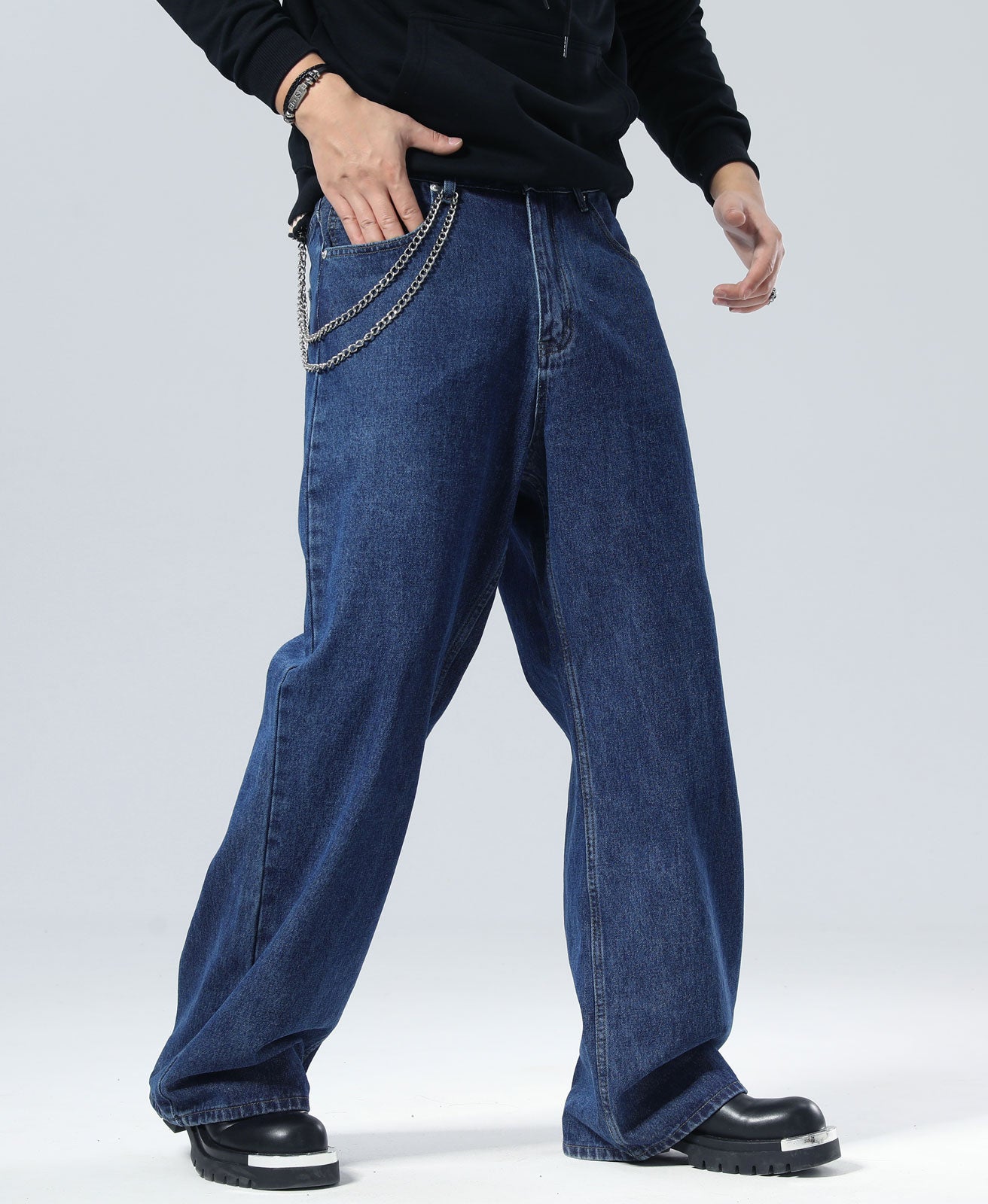 Plaid&Plain Men's Dark Stone Baggy Jeans |  Wide Leg Denim Pants for Hip Hop & Skateboarding