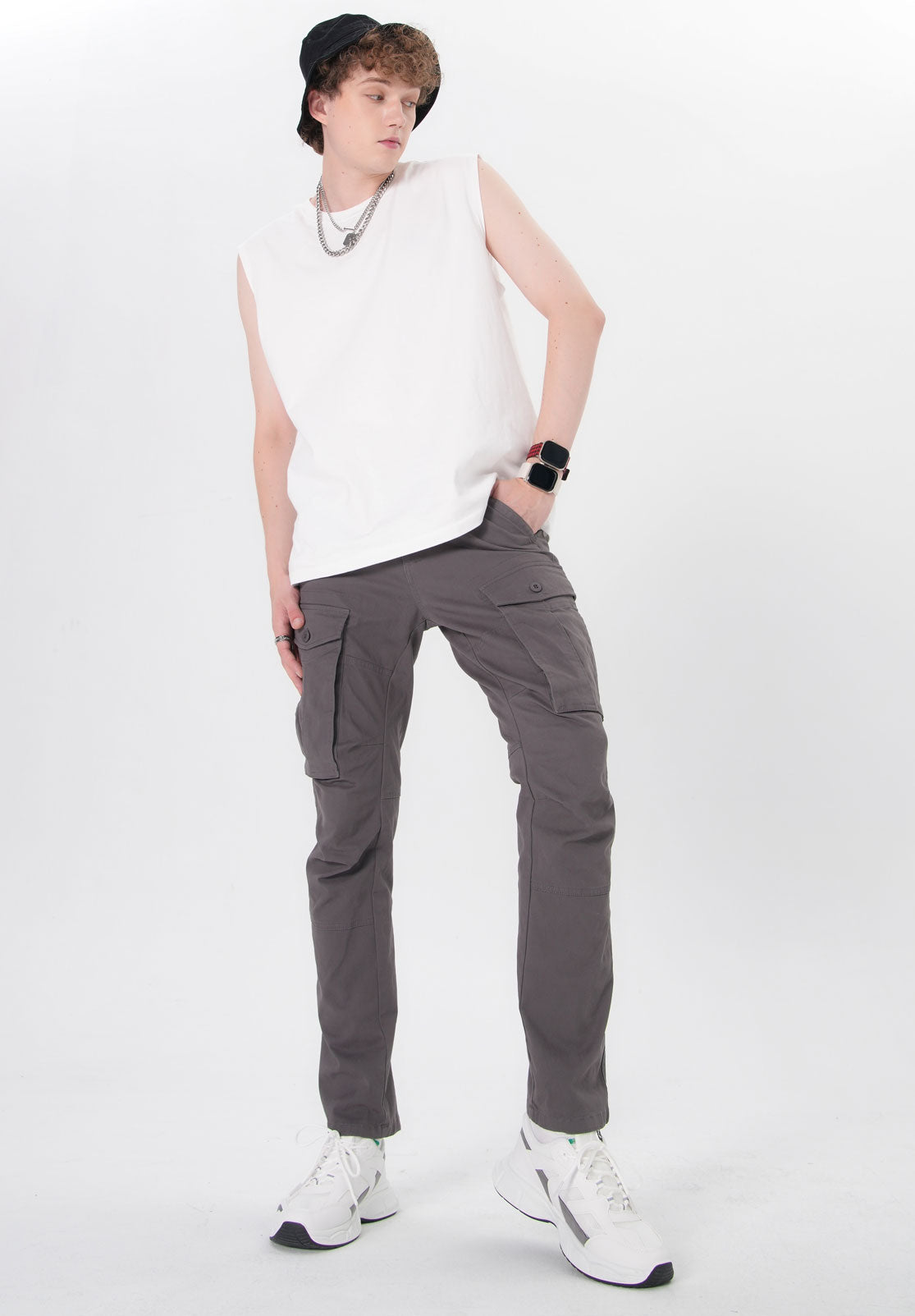 Plaid&Plain Men's Grey Slim Fit Cargo Pants | Tactical Utility with Articulated Knees | Outdoor Hiking & Workwear