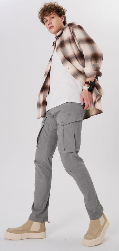 Plaid&Plain Men's Iron Grey Slim Fit Cargo Pants | Tactical Utility with Articulated Knees | Outdoor Hiking & Workwear
