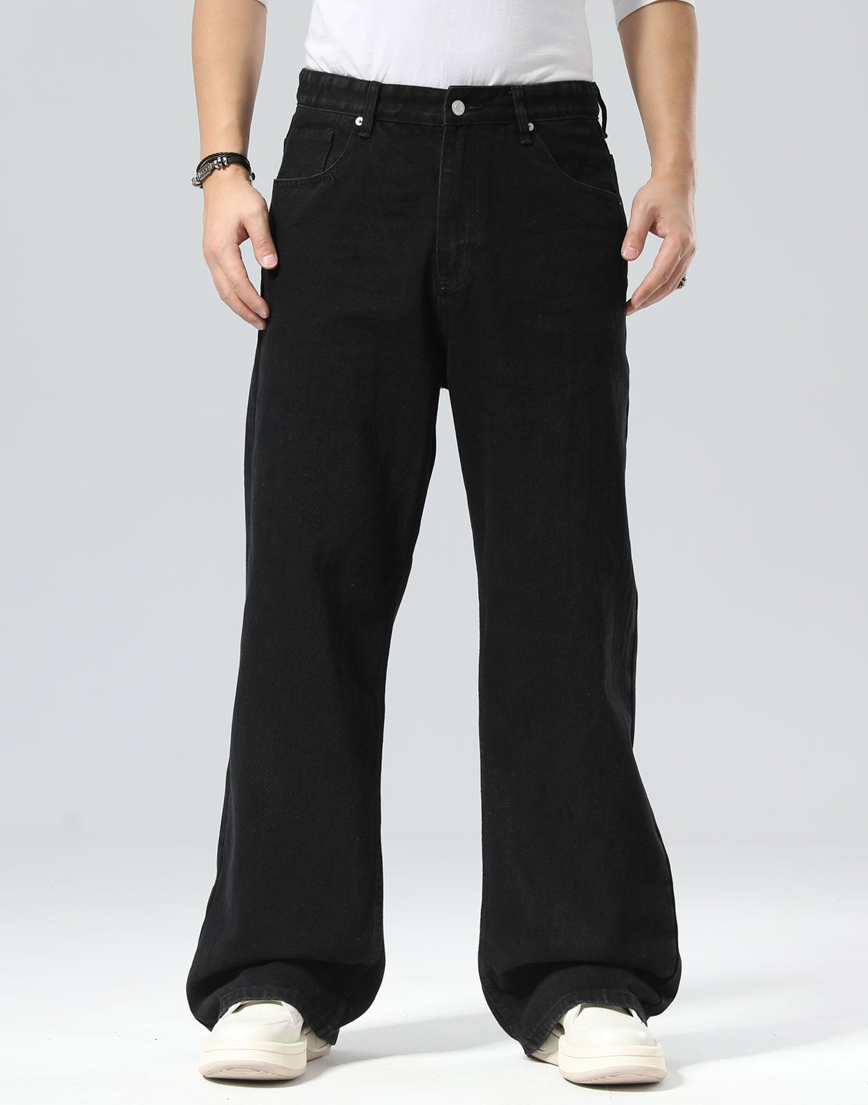 Plaid&Plain Men's Black Baggy Jeans |  Wide Leg Denim Pants for Hip Hop & Skateboarding