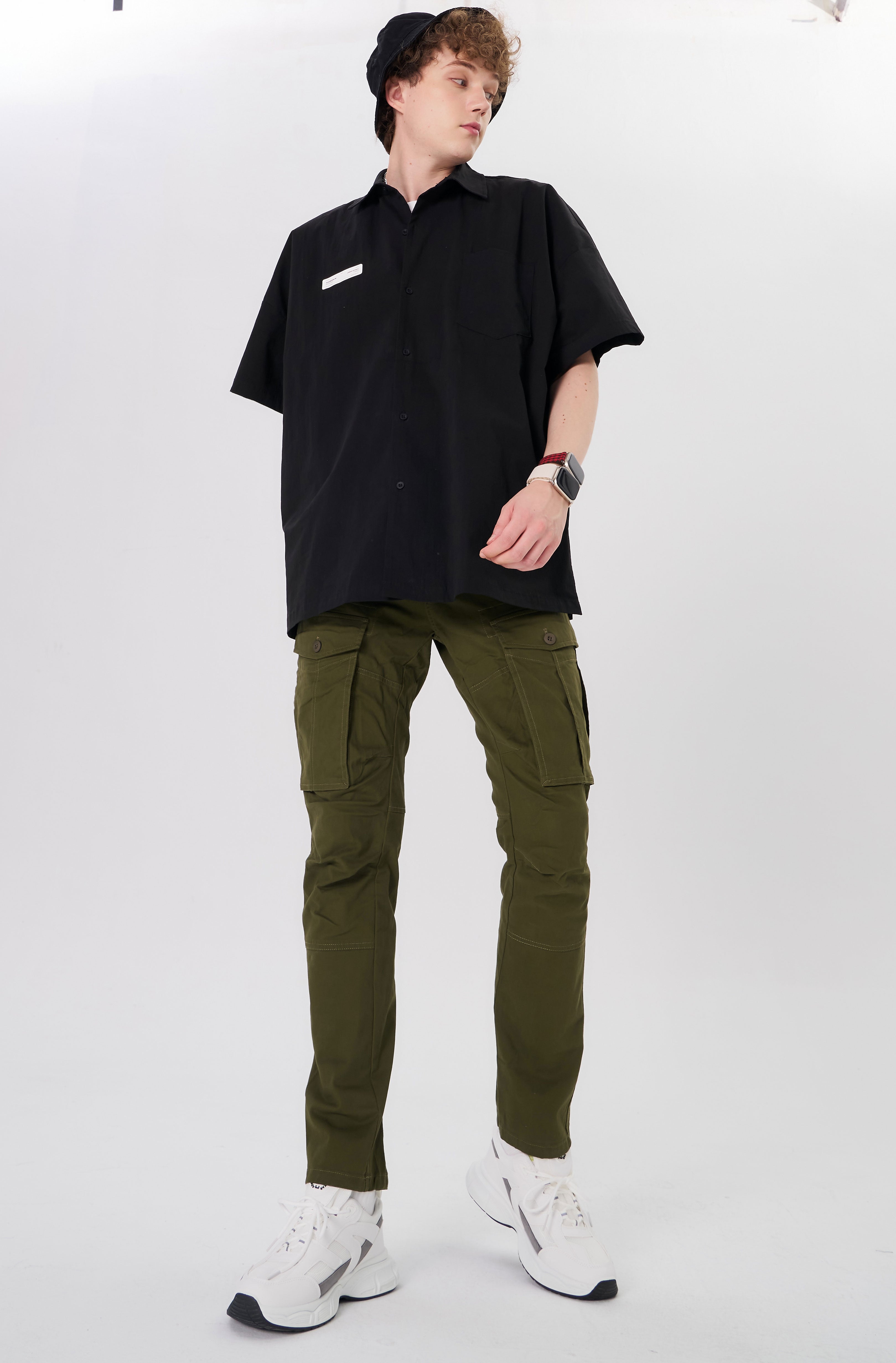 Plaid&Plain Men's Olive Slim Fit Cargo Pants | Tactical Utility with Articulated Knees | Outdoor Hiking & Workwear