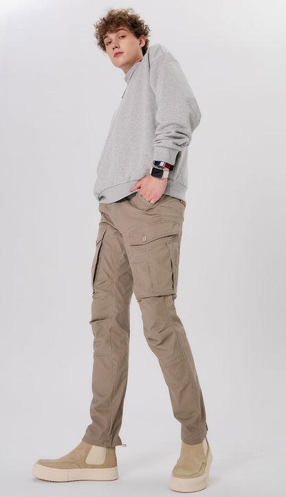 Plaid&Plain Men's Taupe Slim Fit Cargo Pants | Tactical Utility with Articulated Knees | Outdoor Hiking & Workwear