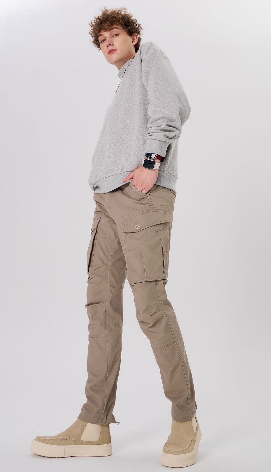 Plaid&Plain Men's Taupe Slim Fit Cargo Pants | Tactical Utility with Articulated Knees | Outdoor Hiking & Workwear