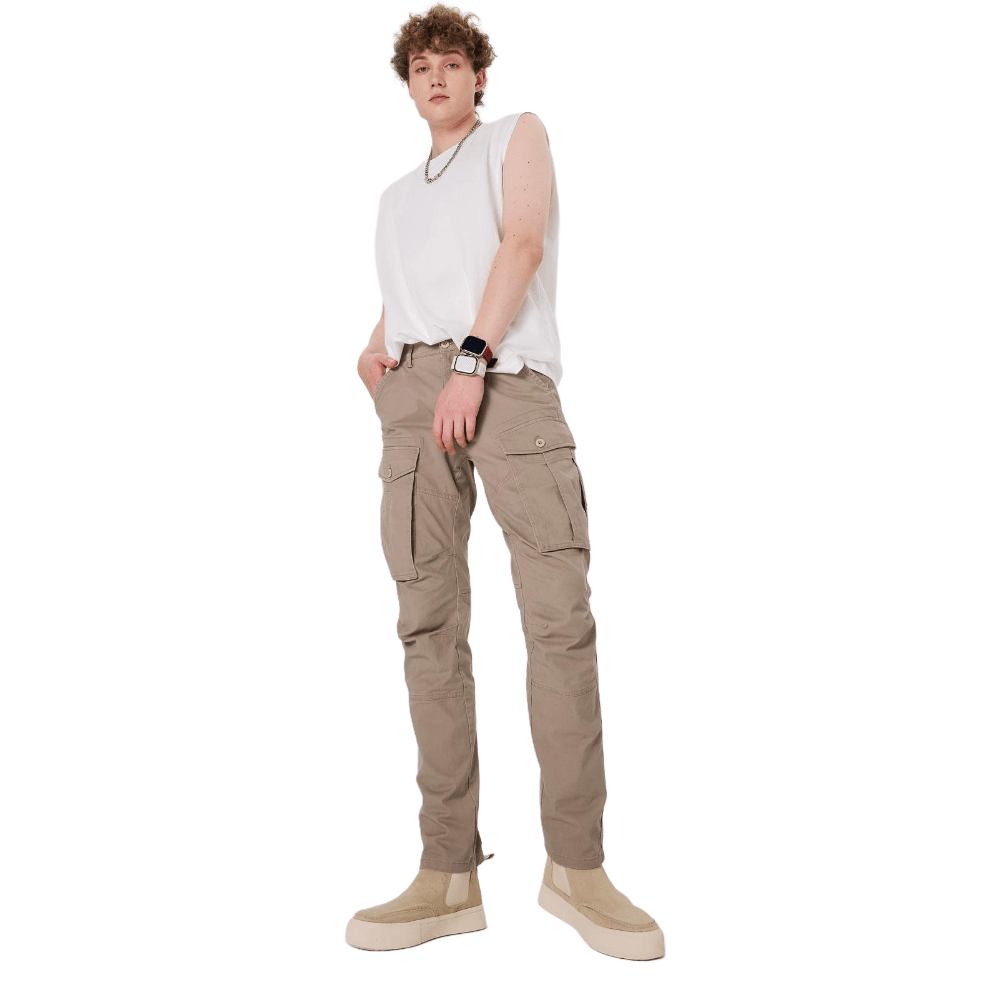 Plaid&Plain Men's Taupe Slim Fit Cargo Pants | Tactical Utility with Articulated Knees | Outdoor Hiking & Workwear - Plaid&Plain-C804-Taupe-28X28