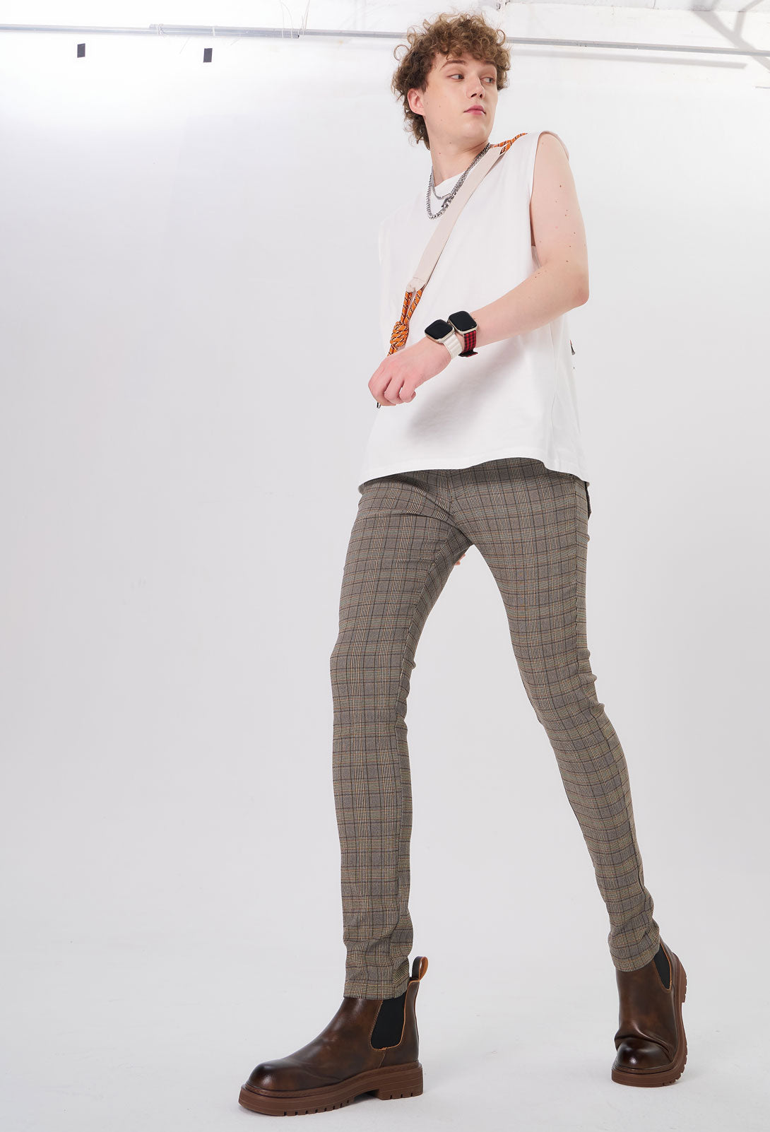 Plaid&Plain Men's Plaid Skinny Stretchy Khaki Chinos | Slacks Tapered Trousers