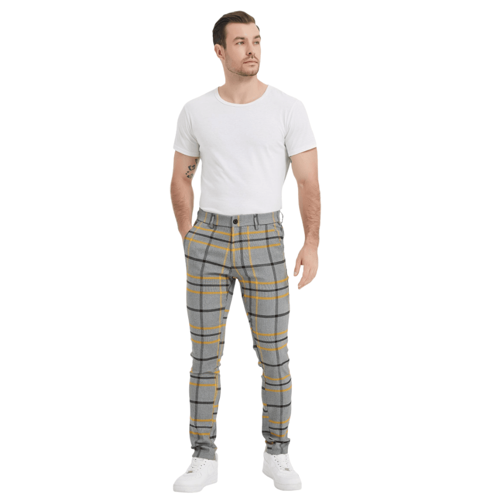Plaid&Plain Grey Yellow Plaid Skinny Men's Chinos | Slacks Tapered Trousers - Plaid&Plain-7301-Grey-Yellow-28X28