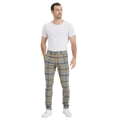 Plaid&Plain Grey Yellow Plaid Skinny Men's Chinos | Slacks Tapered Trousers - Plaid&Plain-7301-Grey-Yellow-28X28
