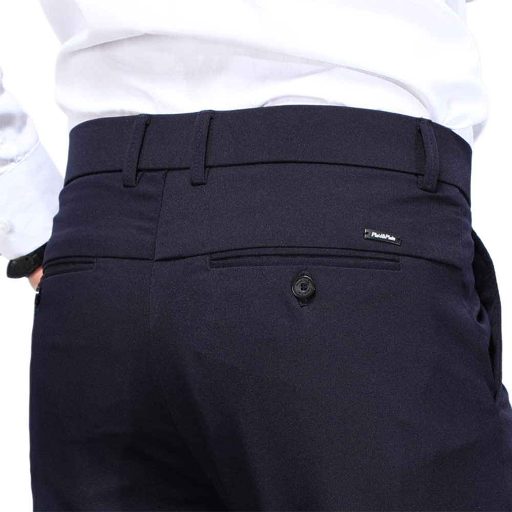 Plaid&Plain Men's Navy Blue Slim Fit Dress Pants | 4-Way Flex Stretch Suit Pants