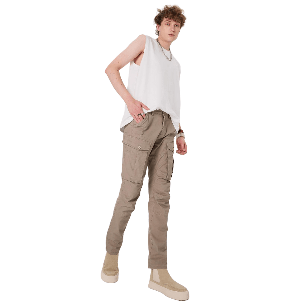 Plaid&Plain Men's Taupe Slim Fit Cargo Pants | Tactical Utility with Articulated Knees | Outdoor Hiking & Workwear - Plaid&Plain-C804-Taupe-28X28