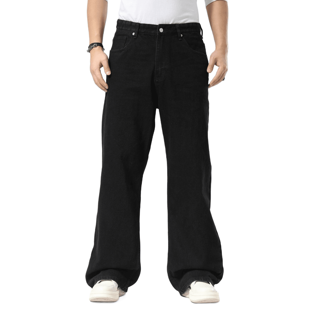 Plaid&Plain Men's Black Baggy Jeans | Wide Leg Denim Pants for Hip Hop & Skateboarding - Plaid&Plain-B01-Black-28X28