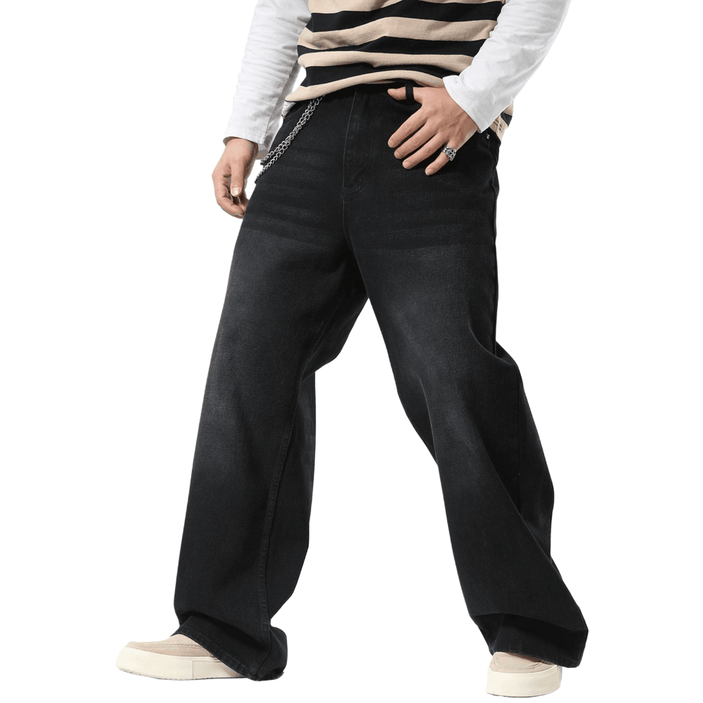 Plaid&Plain Men's Washed Black Baggy Jeans | Wide Leg Denim Pants for Hip Hop & Skateboarding - Plaid&Plain-B01-Washed Black-28X28