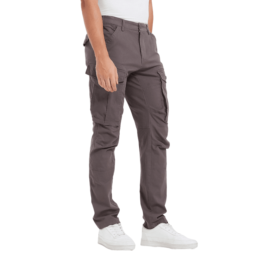 Plaid&Plain Men's Grey Slim Fit Cargo Pants | Tactical Utility with Articulated Knees | Outdoor Hiking & Workwear - Plaid&Plain-C804-Grey-28X28