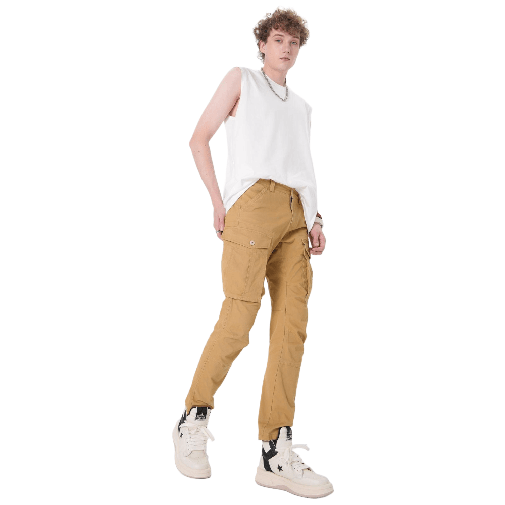 Plaid&Plain Men's Khaki Slim Fit Cargo Pants | Tactical Utility with Articulated Knees | Outdoor Hiking & Workwear - Plaid&Plain-C804-Khaki-28X28