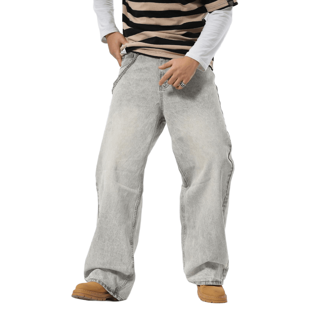 Plaid&Plain Men's Washed Grey Baggy Jeans | Wide Leg Denim Pants for Hip Hop & Skateboarding - Plaid&Plain-B01-Washed Grey-28X28