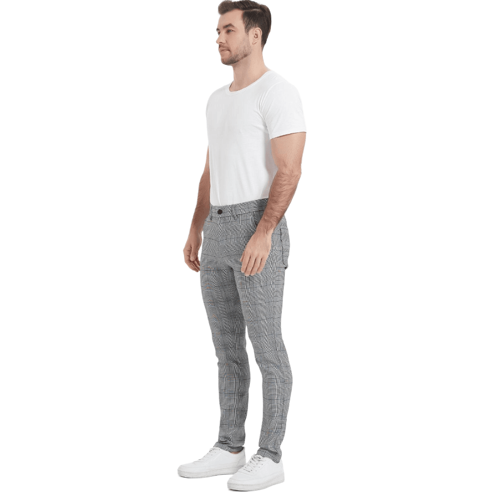 Plaid&Plain Grey Plaid Skinny Men's Chinos | Slacks Tapered Trousers - Plaid&Plain-7301-Grey-Plaid-28X28