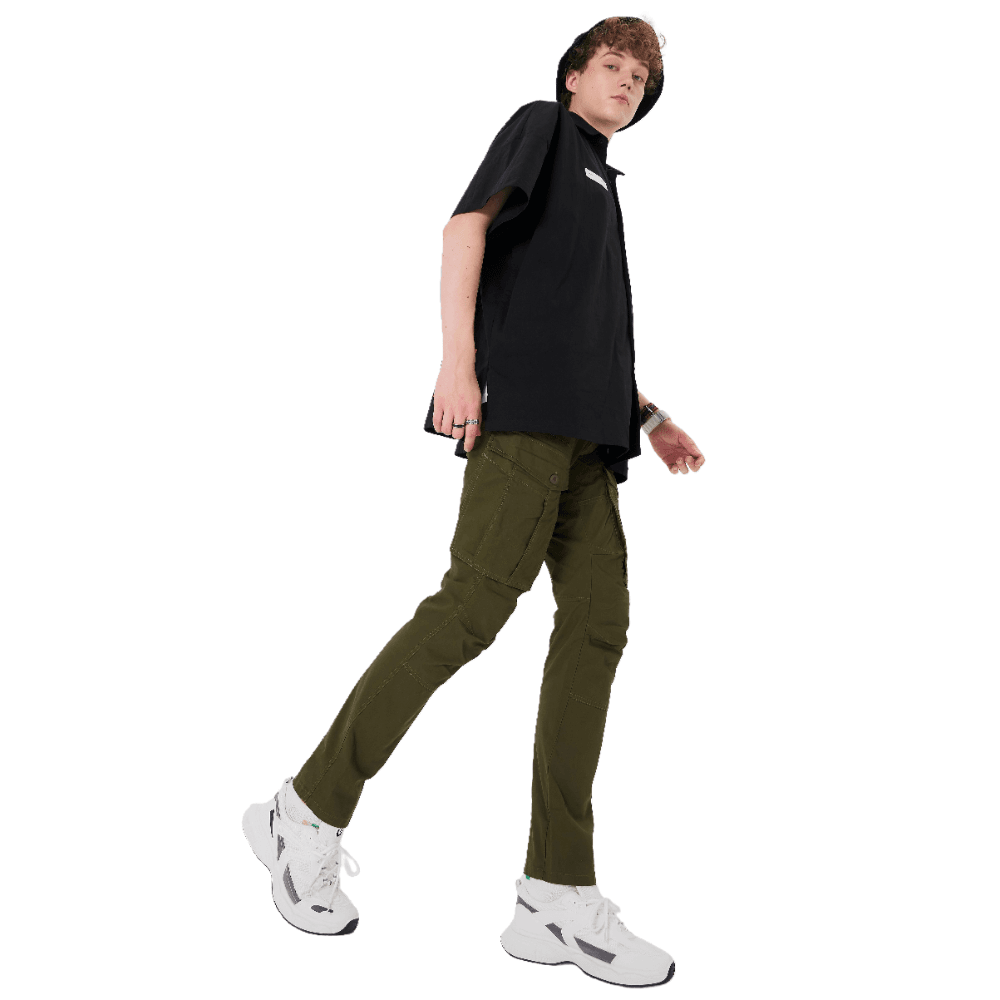 Plaid&Plain Men's Olive Slim Fit Cargo Pants | Tactical Utility with Articulated Knees | Outdoor Hiking & Workwear - Plaid&Plain-C804-Olive-28X28