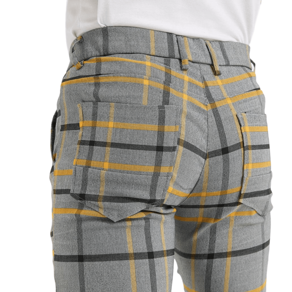 Plaid&Plain Grey Yellow Plaid Skinny Men's Chinos | Slacks Tapered Trousers - Plaid&Plain-7301-Grey-Yellow-28X28