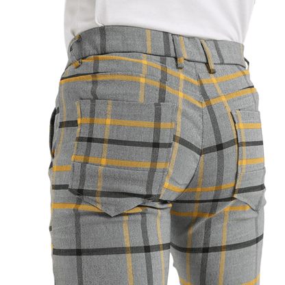 Plaid&Plain Grey Yellow Plaid Skinny Men's Chinos | Slacks Tapered Trousers - Plaid&Plain-7301-Grey-Yellow-28X28