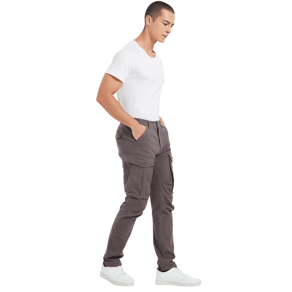 Plaid&Plain Men's Grey Slim Fit Cargo Pants | Tactical Utility with Articulated Knees | Outdoor Hiking & Workwear - Plaid&Plain-C804-Grey-28X28