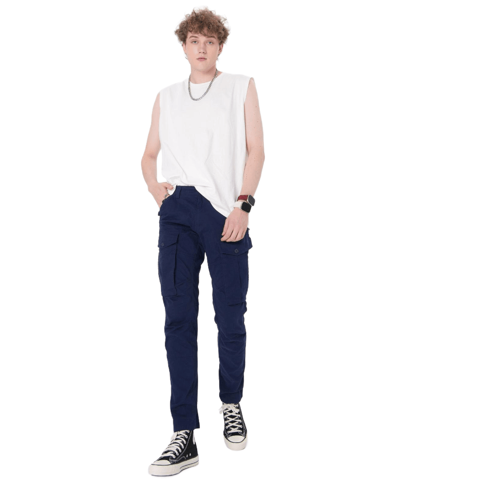 Plaid&Plain Men's Navy Blue Slim Fit Cargo Pants | Tactical Utility with Articulated Knees | Outdoor Hiking & Workwear - Plaid&Plain-C804-Navy Blue-28X28