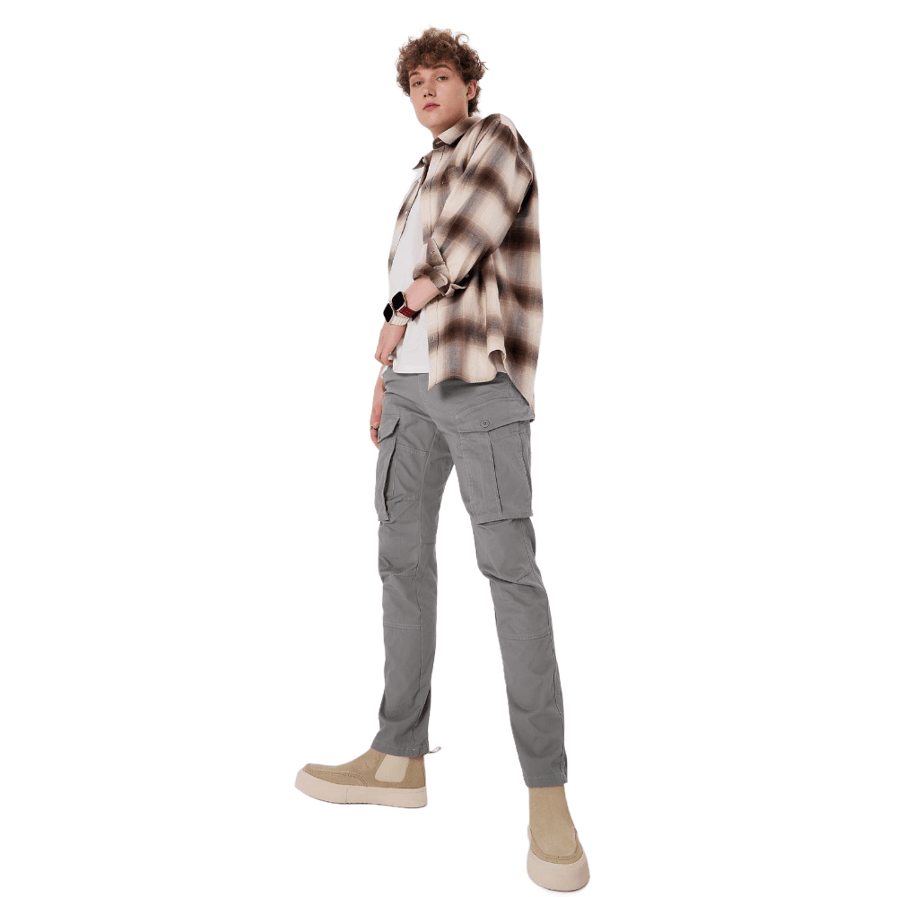 Plaid&Plain Men's Iron Grey Slim Fit Cargo Pants | Tactical Utility with Articulated Knees | Outdoor Hiking & Workwear - Plaid&Plain-C804-Iron Grey-28X28