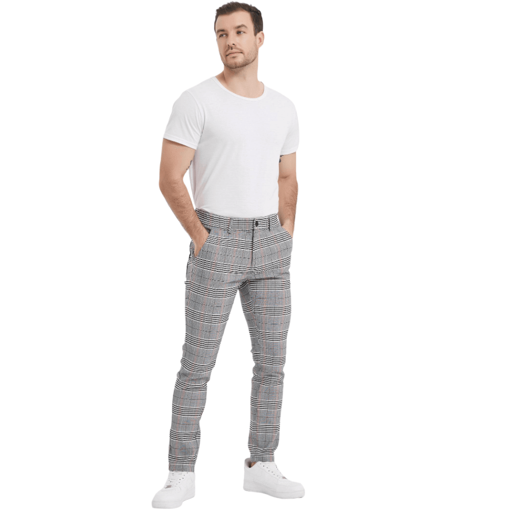 Plaid&Plain Men's Grey Plaid Skinny Chinos | Slacks Tapered Trousers - Plaid&Plain-7301-Grey-28X28