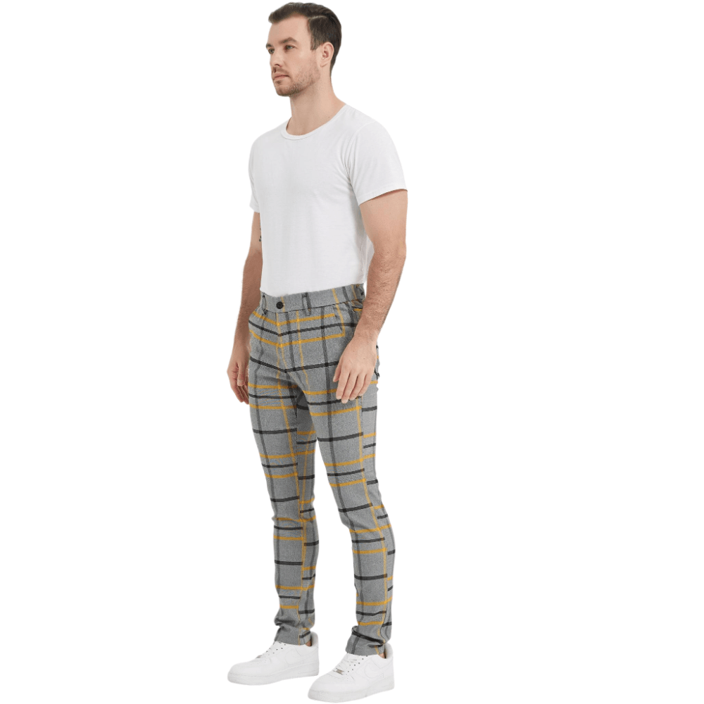 Plaid&Plain Grey Yellow Plaid Skinny Men's Chinos | Slacks Tapered Trousers - Plaid&Plain-7301-Grey-Yellow-28X28