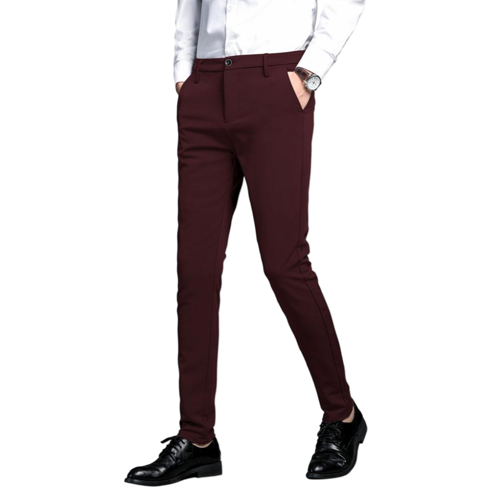 Plaid&Plain Men's Burgundy Stretch Dress Pants | Skinny Suit Pants