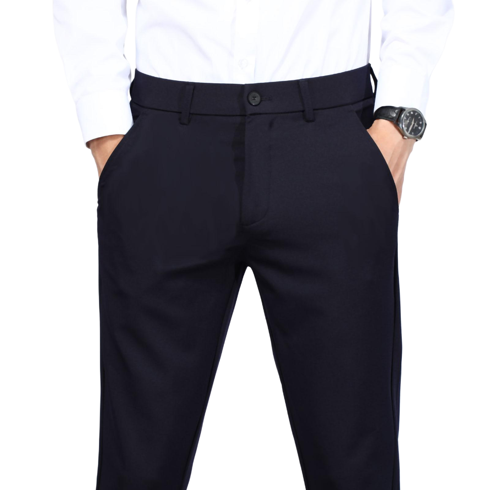 Plaid&Plain Men's Navy Blue Slim Fit Dress Pants | 4-Way Flex Stretch Suit Pants