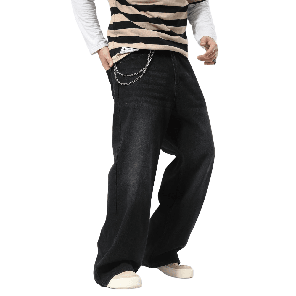Plaid&Plain Men's Washed Black Baggy Jeans | Wide Leg Denim Pants for Hip Hop & Skateboarding - Plaid&Plain-B01-Washed Black-28X28