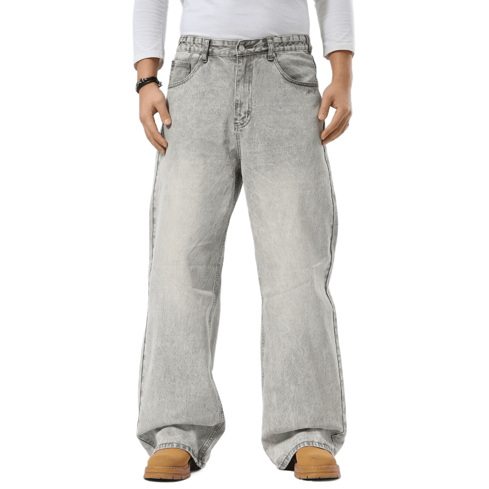 Plaid&Plain Men's Washed Grey Baggy Jeans | Wide Leg Denim Pants for Hip Hop & Skateboarding - Plaid&Plain-B01-Washed Grey-28X28